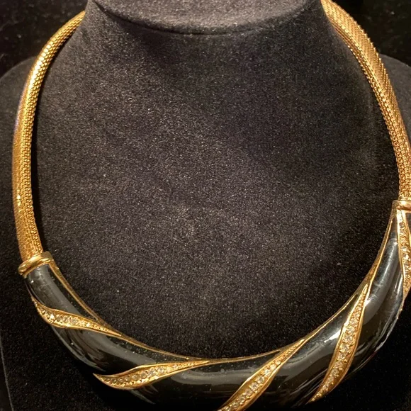 Vintage Dior Necklace Bold Black Enamel Rhinestone Designer Piece - Picture 3 of 14